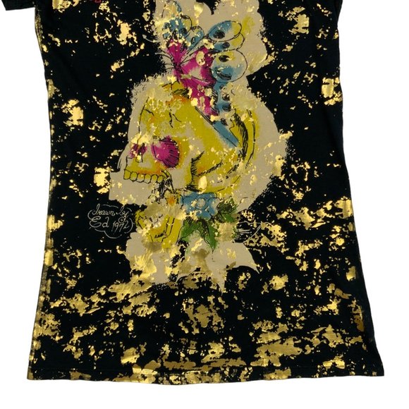 Ed Hardy NWT Rare Gold Fleck Sketch T-Shirt L Black Butterfly Skull t-shirt - Picture 8 of 11